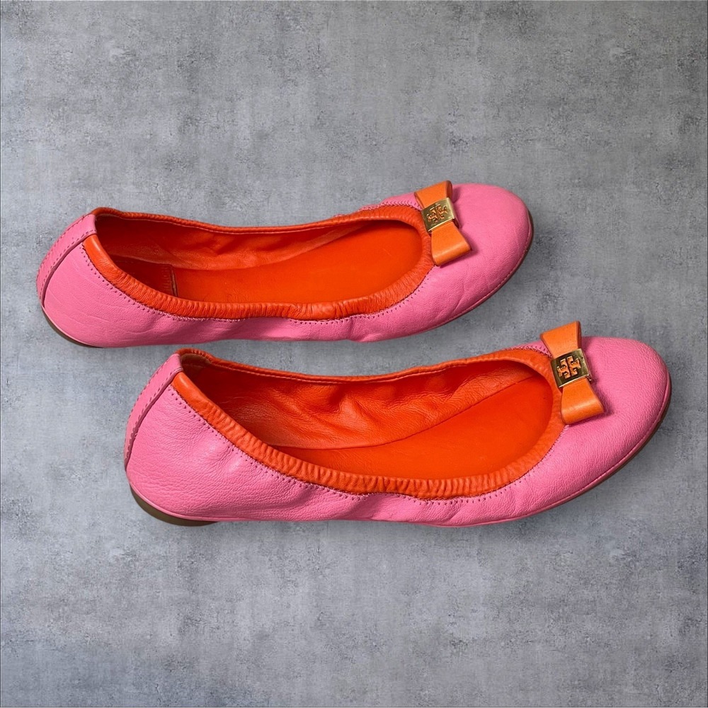 Tory Burch Eddie Bow Ballet Flats Womens 5.5 Colorblock Pink/Orange Leather
